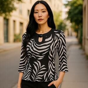ESSENTIALS by MILANO Zebra Print Black White Stretchy Top Blouse ~ LARGE